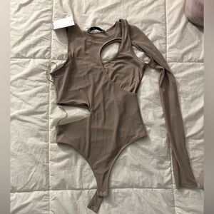 Bershka cut out Bodysuit in Taupe